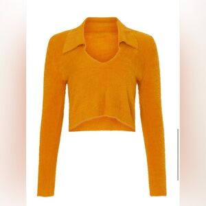 525 America $128 Black Eyelash Cropped Polo Sweater S 100% Nylon P2P 17-18”